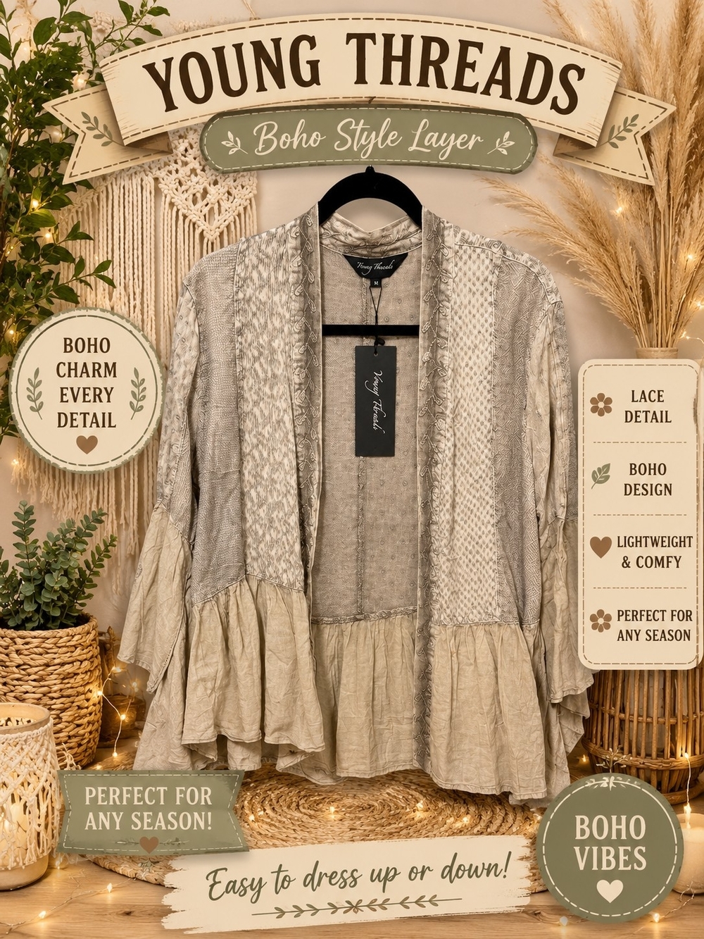 157 Young Threads Boho Layered Lace Open Front Jacket — Taupe